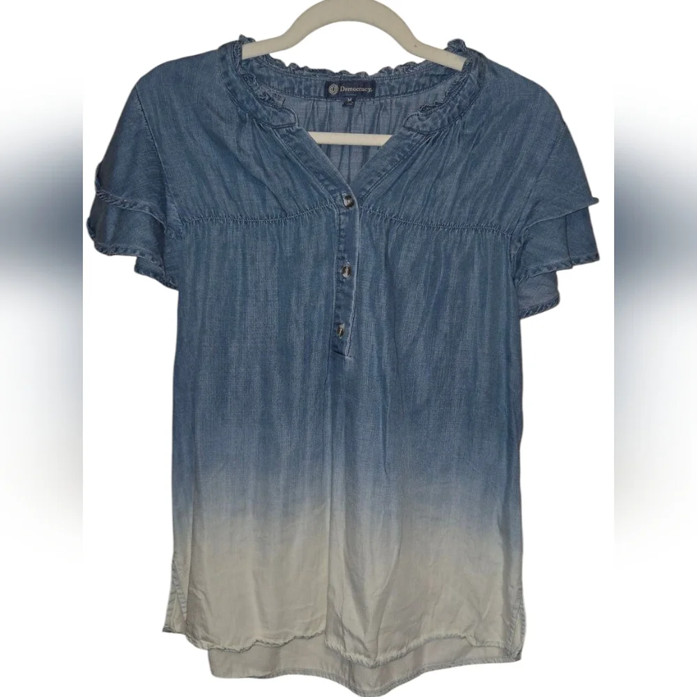 Democracy Double Flutter Short Sleeve Ruffle Neck Dip Dye Top - Picture 4 of 5